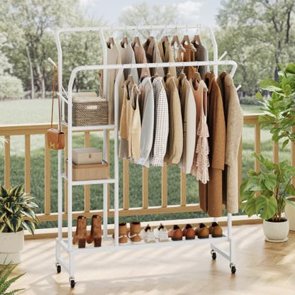 Yoobure Double Rods Clothes Rack - Portable Clothing Rack with Wheels, Rolling Garment Rack with 3-Tier Shelves & 4 Hooks, Freestanding Clothing Racks for Hanging clothes, Coat Rack for Closet Bedroom - color: White