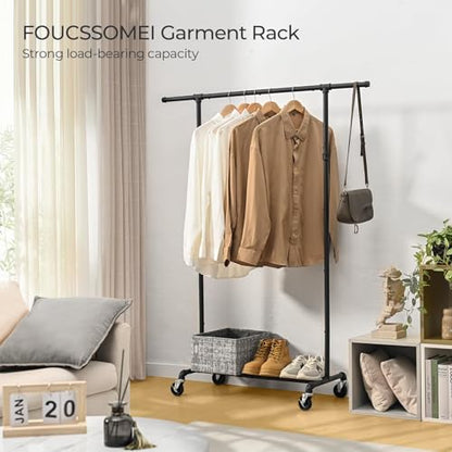 FOUCSSOMEI Clothing Rack with Wheels, Heavy Duty Clothes Rack, Rolling Garment Rack, Metal Clothing Hanger Rack, Closet Organizer, for Bedroom Living Room, Yard Sales, Commercial Grade, Black - size: Single Rod