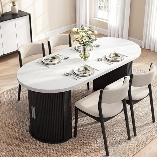 IRONCK 71" Oval Dining Table with Storage, Fluted Base, Black | Seats 4-6 for daily dining and up to 8 for gatherings; 397 lb capacity, hidden storage, and faux quartz finish. - color: Black