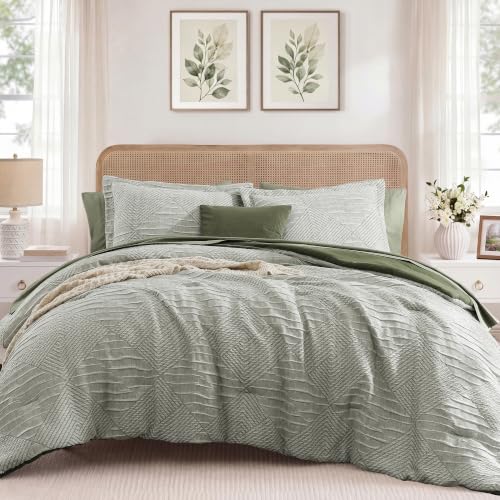 MaiRêve Full Size Comforter Set Light Olive Green Boho Bedding Set 7 Pieces | Crinkle Textured Geometric All Season Bed in a Bag with Comforter, Sheets, Pillowcases & Shams - color: Light Olive Green, size: Full