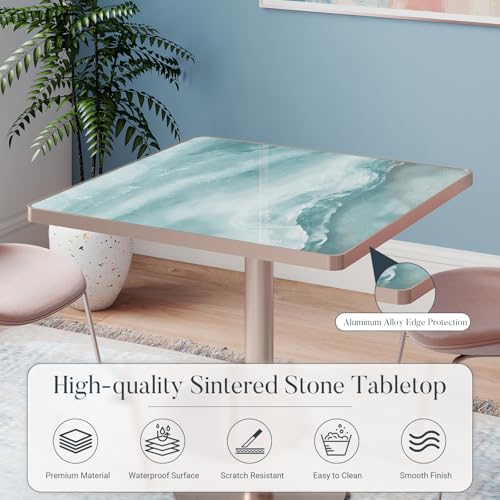 31.5'' Tulip Table, Square Dining Table with Glossy Sintered Stone Tabletop | Rose Gold Aluminum Alloy Edge & Pedestal, Small Bistro Table for Dining Room/Café/Small Spaces/Restaurant (Aqua Jade) - color: Aqua Jade (Rose Gold), size: Square