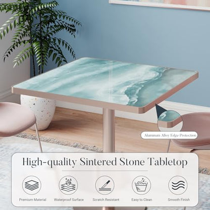 31.5'' Tulip Table, Square Dining Table with Glossy Sintered Stone Tabletop | Rose Gold Aluminum Alloy Edge & Pedestal, Small Bistro Table for Dining Room/Café/Small Spaces/Restaurant (Aqua Jade) - color: Aqua Jade (Rose Gold), size: Square