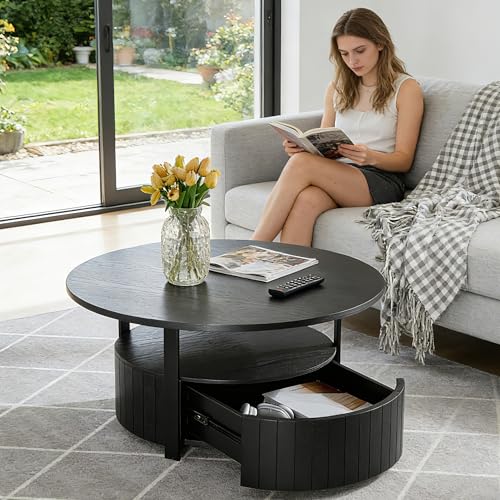 33.07" Round Coffee Table with Storage, 2 Tier Modern Wood Center Table with Drawer, 2 Tiers and 1 Drawer, Accent Table for Living Room, Apartment, Small Space.(Black) - color: Black-a