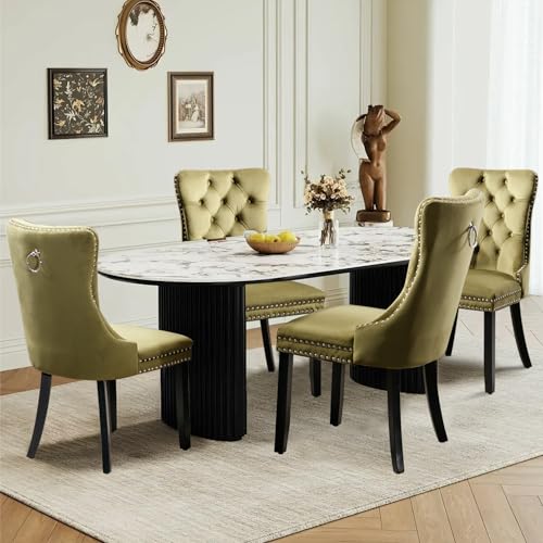 Velvet Upholstered Dining Chairs Set of 4, Modern Style Kitchen Side Chairs with Nailhead Trim and Wood Legs,Metal Pulling Ring for Dining Room Living Room(Olive Green,Set of 4) - color: Olive Green, size: Set of 4