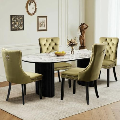 Velvet Upholstered Dining Chairs Set of 4, Modern Style Kitchen Side Chairs with Nailhead Trim and Wood Legs,Metal Pulling Ring for Dining Room Living Room(Olive Green,Set of 4) - color: Olive Green, size: Set of 4