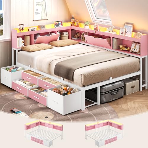AOGLLATI Full Size Corner Bed Frame with 6 Storage Drawers and Bookcase Hidden Headboard, Full Bed Frame Metal Platform Daybed with Charging Station and LED Lights for Kids Teens, Pink - color: Pink, size: Full