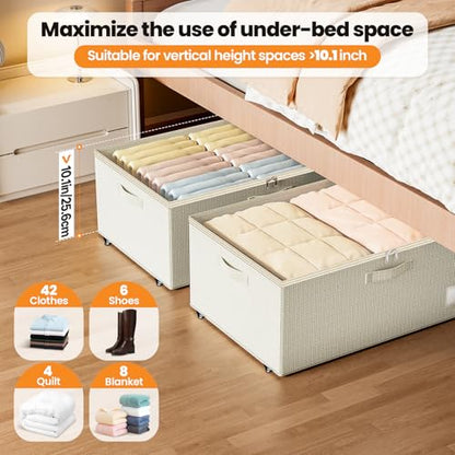 Dayacoco Under Bed Storage With Wheels,10in Underbed Storage Containers 65L | Large Capacity Underbed Storage, No Assembly Required Rolling Under Bed Storage for Clothes Blankets Shoes Beige - size: 10.1 inch height-beige