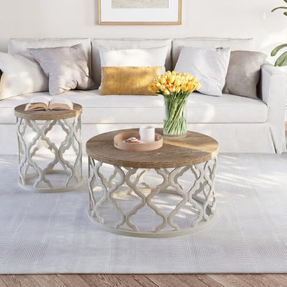 karlott Farmhouse Coffee Table, French Country Round Coffee Table, Beige | Solid Wood Veneer Tabletop, Curved Motif Frame Base, Coastal Boho Center Table, Small Rustic Coffee Tables for Living Room - size: Coffee Table 30 Inches