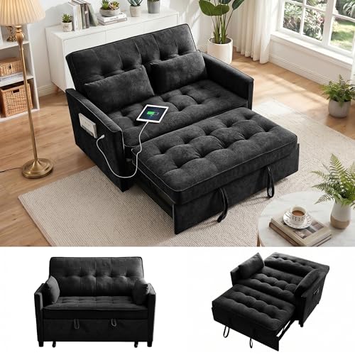Dreamzie 55'' 3 in 1 Convertible Sofa Bed with USB Charging Ports, Pull Out Couch with Adjustable Backrest and Side Pockets, Sleeper Sofa for Living Room, Apartment, RV, Easy Assembly - Black - color: Black