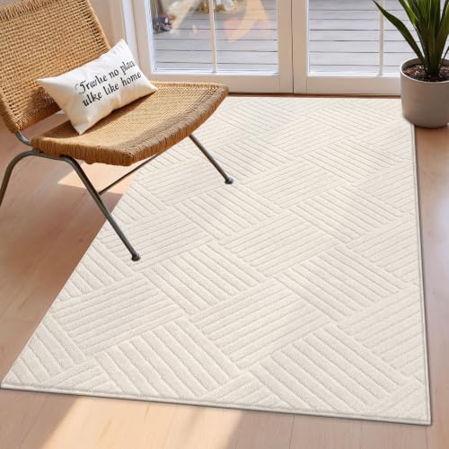 3x5 Living Room Area Rug, Beige Soft Geometric Fluffy Bedroom Mat | Washable Modern Indoor Floor Mat, Non Slip Shaggy Boho Accent Throw Carpet for Office, Dorm, Nursery and Dining Room - size: 3' x 5' (Rectangular)