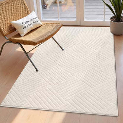 3x5 Living Room Area Rug, Beige Soft Geometric Fluffy Bedroom Mat | Washable Modern Indoor Floor Mat, Non Slip Shaggy Boho Accent Throw Carpet for Office, Dorm, Nursery and Dining Room - size: 3' x 5' (Rectangular)