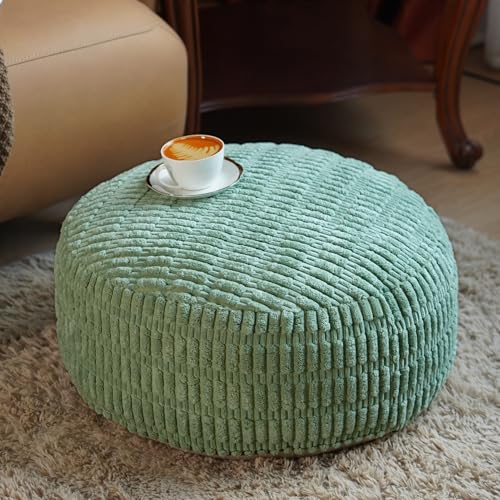 Round Unstuffed Pouf Ottoman Bean Bag Cover Pouf Foot Rest, Green | Cover Only, 20x20x8 In, Soft Short Plush, Ribbed Texture, Modern Style, Living Room, Bedroom, Reading Nook - color: Green