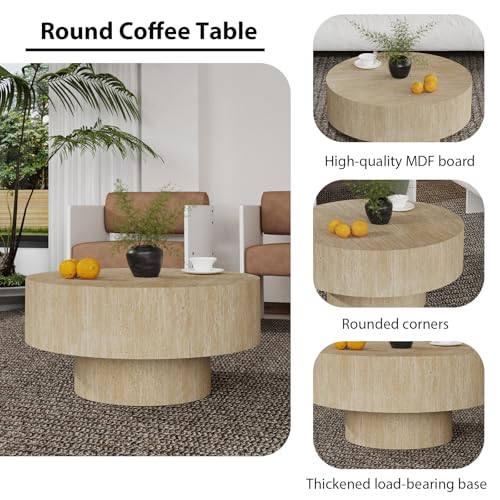 Round Drum Travertine Coffee Table with Pedestal Base | 30'' Modern Travertine Wooden Drum Center Table,Travertine Finish Drum Shape, Wooden Structure, For Living Room & Apartment - color: Travertine Round