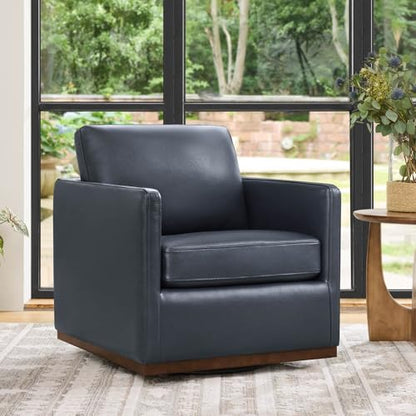 CHITA Genuine Leather Swivel Chair, Wood Frame, Fully Assembled, Navy | Leather Arm Chair with 360° Swivel Solid Wood Base, Mid Century Modern Living Room Chair, 33"Dx30"Wx33"H, 300 Lb Capacity - color: Navy