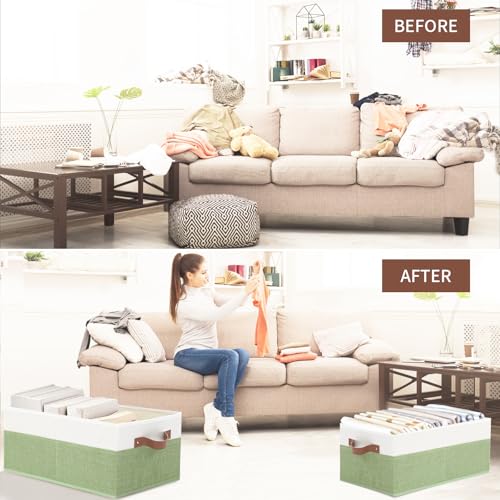 3 Pack Large Capacity Storage Bins Closet Organizer for Shelves | Fabric Closet Storage Baskets Boxes with Leather Handles for Organizing Clothes, Sheets, Jeans, Toys, Books (Green) - style: 3 Pack Green & White