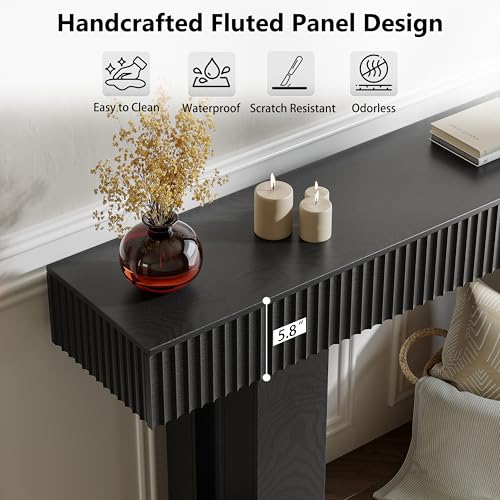 63-Inch Long Entryway Console Table with a Fluted Design, Thick Wood Farmhouse Sofa Table Behind Couch, Narrow Hallway Accent Table for Living Room, Foyer, Entrance, Modern Black - color: Black, size: 63 Inch