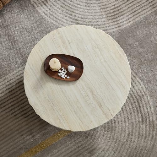 Round Nesting Coffee Table with Faux Mars Pattern for Living Room, Modern Fiberglass Circle Travertine Center Table with Base, Faux Stone Tea Table, No Need Assembly, 31.7"+23.8" (Beige) - color: G-31.69"+23.82" Beige