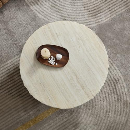 Round Nesting Coffee Table with Faux Mars Pattern for Living Room, Modern Fiberglass Circle Travertine Center Table with Base, Faux Stone Tea Table, No Need Assembly, 31.7"+23.8" (Beige) - color: G-31.69"+23.82" Beige
