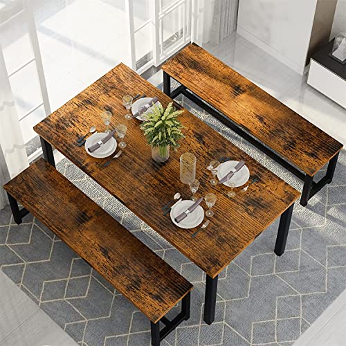 Dining Room Table Set with 2 Benches, Farmhouse Dining Table Set for 4-6, Wood Breakfast Table Set Dinner Table Set Kitchen Table and Chairs for Breakfast Nook Small Spaces, Brown - color: Rustic Brown