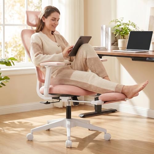 Ergonomic Office Chair with Footrest and Dynamic Lumbar Support, Pink | Reclining high-back computer chair, memory foam seat, 2D armrests, 2D headrest, mesh desk chair for home office, long hours - color: Pink
