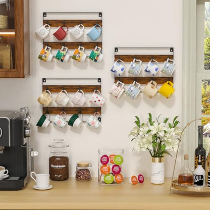 Rustic Wood Coffee Mug Rack - Wall Mount Cup Holder Shelf Storage for Kitchen, Home, Bar, Office (4 Pack, Holds 32 Mugs) - size: 8-Tier