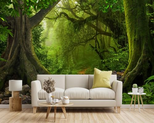 -Green Forest Landscapes Woodland Tree Fabric Wallpaper Living Room Bedroom Bathroom Flowing Jungle Wall Mural- 91"x65"（ not Peel and Stick） - color: Forest 02, size: 91"x65"