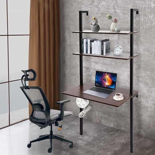 Industrial Wall Mount Desk, 3-Tier Ladder Computer Desk, 30inch Floating Computer Writing Table with Storage Shelves for Home Office Small Spaces (Brown+Black) - color: Brown+black