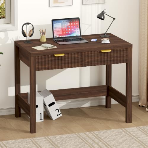 32 Inch Small Fluted Computer Desk with 2 Drawers for Bedroom, Home Office | Small Computer Desk with Storage, Compact Writing Study Desk for Small Spaces, Walnut - color: Walnut, size: 32-Inch Desk