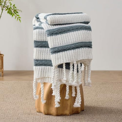 Boho Knitted Chenille Blanket with Tassels - Lightweight & Soft All-Season Throw - 3D Classic Pattern for Living Room Bedroom Couch, Celestial Blue(Striped), Queen 90"x90" - color: Celestial Blue(striped), size: Queen