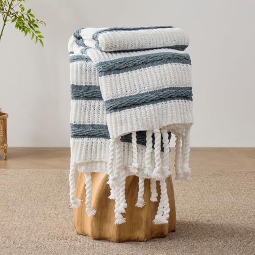 Boho Knitted Chenille Blanket with Tassels - Lightweight & Soft All-Season Throw - 3D Classic Pattern for Living Room Bedroom Couch, Celestial Blue(Striped), King 90"x108" - color: Celestial Blue(striped), size: King