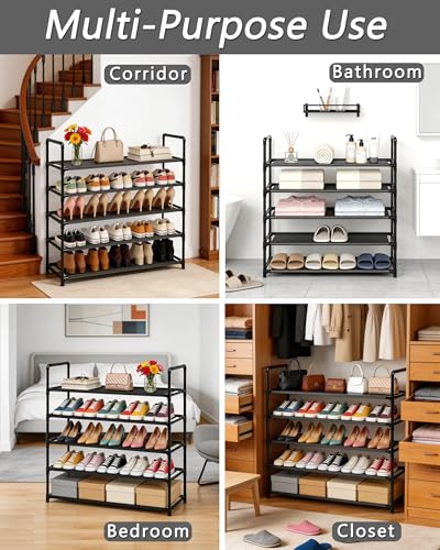5 Tier Tall Shoe Rack Large Capacity, 34.5" Wide Entryway Shoe Organizer, Stackable Metal Frame Waterproof Nonwoven Shelves, Holds 20-25 Pairs, Space Saving Storage for Closet Hallway Garage, Black - size: 5-Tier(34.5"W)