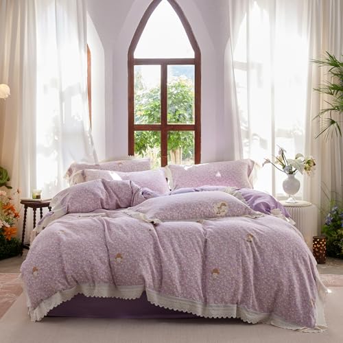 Floral Full Duvet Cover Purple Cotton Full Size Comforter Cover Double Gauze Lace Trim Boho Zipper Duvet Cover Set with Corner Ties Pattern Ruffle Bedding Set Farmhouse Duvet Protector - color: C Floral15, size: Full(Duvet Cover and 2 Pillows Sham)