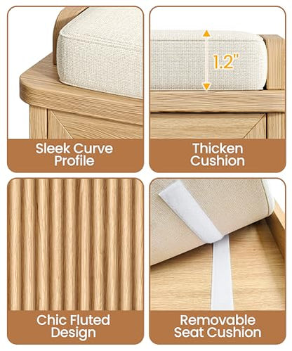 Akxomel Fluted Shoe Storage Bench with Cushion, 39.4" Entryway Bench with Adjustable Shelves and 2 Doors, Shoe Cabinet Bench with Curved Profile, for Hallway, Living Room, Bedroom, Natural Oak