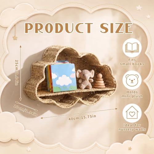 Cloud Nursery Wall Shelf Decor Boho Rattan Wicker Floating Shelves Handwoven Natural Rattan Hanging Organizer Storage Basket for Small Books Toys Nursery Bathroom Living Room Bedroom Corner - style: Cloud