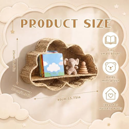 Cloud Nursery Wall Shelf Decor Boho Rattan Wicker Floating Shelves Handwoven Natural Rattan Hanging Organizer Storage Basket for Small Books Toys Nursery Bathroom Living Room Bedroom Corner - style: Cloud