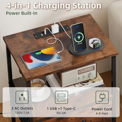 Somdot Nightstand with Charging Station & LED Light, Bedroom Bedside Table | Dorm, Guest Room, Kids Room, Laundry, Closet, Entryway and Hallway, Brown - color: Brown, size: 11.8"D x 15.7"W x 23.4"H (1 Drawers)