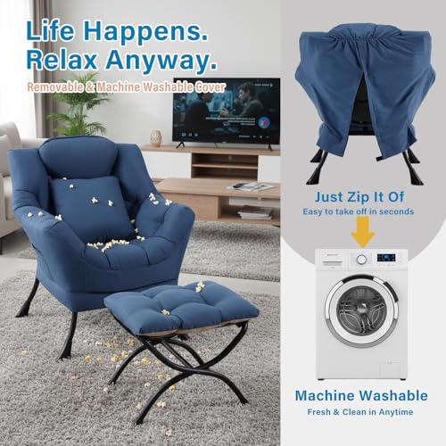 Lazy Chair with Ottoman, Comfy Reading Chair for Bedroom, Blue | Comfy Bedroom Accent Chair with Washable Removable Cover and extra throw pillow for Living Room Dorm - color: Peach Royal Blue