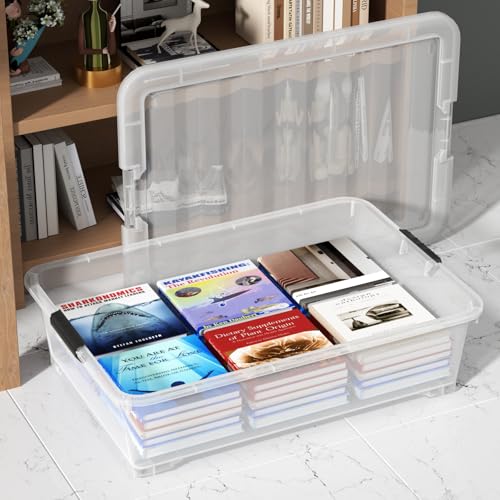 50 Quart Large Clear Underbed Latch Storage Bin with Lid, 3 Packs | Stackable Flat Latching Under Bed Organization Container Boxes with Wheels - size: 50 Quart