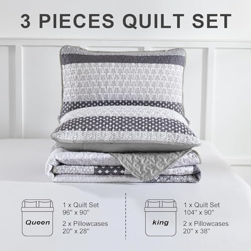 WONGS BEDDING Grey Full Size Quilt Set, Bohemian Striped Bedspreads | Reversible Boho Bedspread with Grey Accents, Lightweight Microfiber Coverlet for All Seasons (78"x90") , OEKO-TEX - color: Grey, size: Full