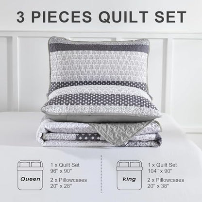 WONGS BEDDING Grey Full Size Quilt Set, Bohemian Striped Bedspreads | Reversible Boho Bedspread with Grey Accents, Lightweight Microfiber Coverlet for All Seasons (78"x90") , OEKO-TEX - color: Grey, size: Full
