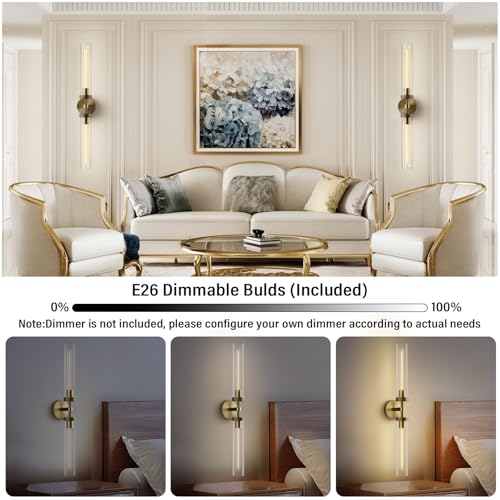 Brass Wall Sconces, 30in Gold 2-Light Double Glass Sconces Wall Lighting, Bathroom Knurled Vanity Light Sconces, Wall Lights for Living Room Bedroom（Including Bulb） - color: Brass- 30 inch-2 Pack, size: 2 Pack