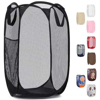 Handy Laundry Collapsible Mesh Pop Up Hamper with Wide Opening and Side Pocket - Breathable, Sturdy, Foldable, and Space-Saving Design for Clothes and Storage (Black) - color: Black