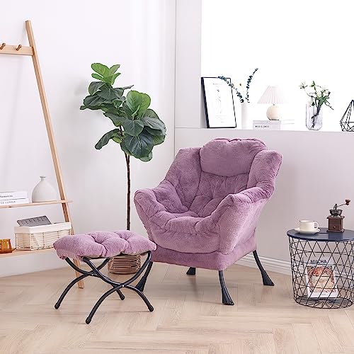 Lazy Chair with Ottoman, Comfy Accent Reading Chair, Plush Purple | Foldable Footrest,Removable Cover,with Armrests and Side Pockets,Upholstered Lounge Chair for Bedroom,Dorm,Office,Small Space - color: Plush Purple