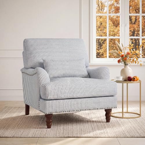 Mid-Century Modern Accent Chair with Lumbar Pillow, Pinstripe Blue, 1 Pack | Upholstered Chenille Armchair, Solid Wood Frame & Legs, Comfy Reading Lounge Sofa for Living Room Bedroom, & Small Spaces - color: Pinstripe Blue, size: 1 Seat