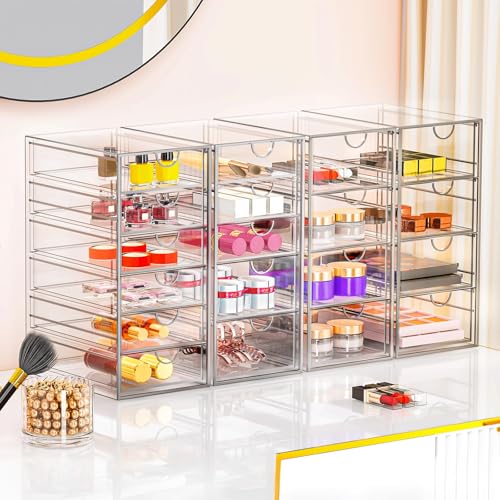 YFXCVSL 6-Pack Acrylic 31-Drawer Storage & Makeup Organizer for Desk | Smooth-glide drawers, clear acrylic, stackable, dustproof, wipe-clean, for makeup palettes, lipsticks, blushes, cotton pads - size: 31 Drawers