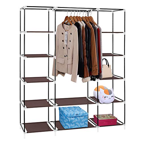 Portable Wardrobe Closet with Cover 69" Clothing Storage Closet Shelves for Hanging Clothes Non-Woven Fabric Clothes Organizer
