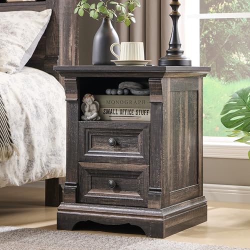 Farmhouse Nightstand Set of 2, 18" Sofa Side Table with Charging Station | Wood End Table w/Roman Column, Bedside Cabinet for Bedroom, Living Room, Dark Rustic Oak - color: Dark Rustic Oak, size: 18"D x 18"W x 24"H