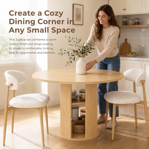 3-Piece Round Dining Table Set for 2-4, Walnut，47-Inch Farmhouse Kitchen Table with 2-Tier Storage Shelf and Two Beige upholstered Chairs for Apartments and Breakfast nooks (Natural) - color: Natural
