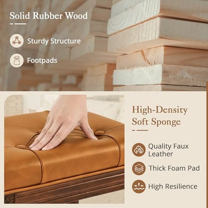 LUE BONA Upholstered Fabric Vanity Bench Seat, Makeup Stools for Vanity, Square Tufted Ottoman Bench with Carved Dark Brown Color Legs for Bedroom Living Room, Whiskey Brown - color: Whiskey Brown and Dark Brown