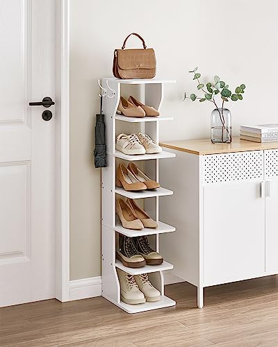 VASAGLE 7-Tier Vertical Shoe Rack, Narrow Shoe Storage Organizer with Hooks, Slim Corner Tower Shelf, Space-Saving for Entryway and Bedroom, White ULBS200T14 - color: White, size: 7 Tiers (10.4"W)